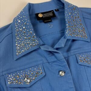 Christine Alexander Swarovski Crystal Studded Embellished Blue Denim Jacket